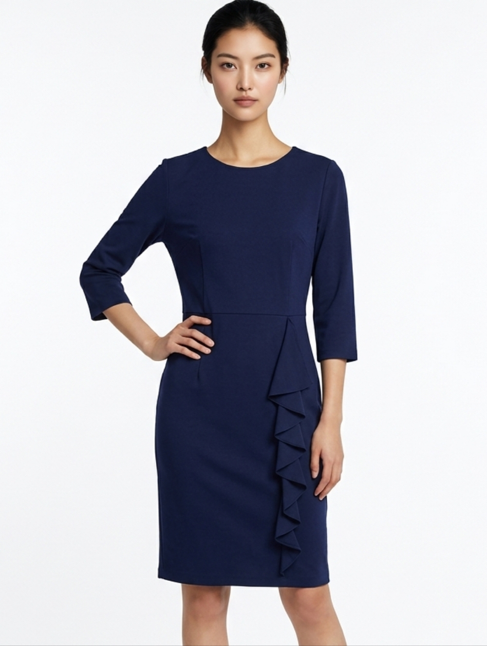 Oxiuli Fashion Navy Blue Cascading Ruffle 3/4 Sleeve Sheath Dress Size L